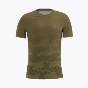 Jersey running custom Genethics 2025 warna army camo dengan bahan quick-dry breathable untuk lari dan aktivitas outdoor (Tampak Depan).