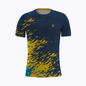 Jersey running custom Genethics 2025 warna navy kuning dengan bahan quick-dry breathable untuk lari dan aktivitas outdoor (Tampak Depan).