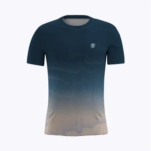 Jersey running custom Genethics 2025 warna navy gradasi abu dengan bahan quick-dry breathable untuk lari dan aktivitas outdoor (Tampak Depan).