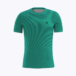 Jersey running custom Genethics 2025 warna cyan dengan bahan quick-dry breathable untuk lari dan aktivitas outdoor (Tampak Depan).