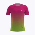 Jersey running custom Genethics 2025 warna gradasi pink hijau dengan bahan quick-dry breathable untuk lari dan aktivitas outdoor (Tampak Depan).