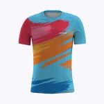 Jersey running custom Genethics 2025 warna biru merah jingga dengan bahan quick-dry breathable untuk lari dan aktivitas outdoor (Tampak Depan).