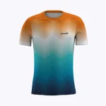 Jersey running custom Genethics 2025 warna gradasi jingga putih biru dengan bahan quick-dry breathable untuk lari dan aktivitas outdoor (Tampak Depan).
