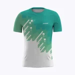 Jersey running custom Genethics 2025 warna cyan dan putih dengan bahan quick-dry breathable untuk lari dan aktivitas outdoor (Tampak Depan).