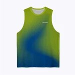 Jersey running custom Genethics sleeveless 2025 warna gradasi hijau biru dengan bahan quick-dry breathable untuk lari dan aktivitas outdoor (Tampak Depan).