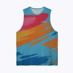 Jersey running custom Genethics sleeveless 2025 warna biru merah jingga dengan bahan quick-dry breathable untuk lari dan aktivitas outdoor (Tampak Depan).