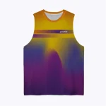 Jersey running custom Genethics sleeveless 2025 warna gradasi kuning ungu dengan bahan quick-dry breathable untuk lari dan aktivitas outdoor (Tampak Depan).