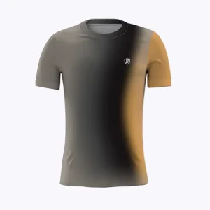 Jersey running atau running jersey custom Genethics 2026 warna gradasi abu coklat dengan bahan quick-dry breathable untuk lari dan aktivitas outdoor (Tampak Depan).