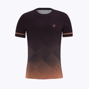 Jersey running atau running jersey custom Genethics 2026 warna gradasi coklat jingga dengan bahan quick-dry breathable untuk lari dan aktivitas outdoor (Tampak Depan).