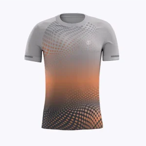 Jersey running atau running jersey custom Genethics 2026 warna gradasi abu jingga dengan bahan quick-dry breathable untuk lari dan aktivitas outdoor (Tampak Depan).