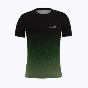 Jersey running atau running jersey custom Genethics 2026 warna gradasi hijau dengan bahan quick-dry breathable untuk lari dan aktivitas outdoor (Tampak Depan).