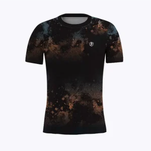 Jersey running atau running jersey custom Genethics 2026 warna hitam coklat abu dengan bahan quick-dry breathable untuk lari dan aktivitas outdoor (Tampak Depan).