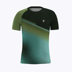 Jersey running atau running jersey custom Genethics 2026 kombinasi warna hijau dengan bahan quick-dry breathable untuk lari dan aktivitas outdoor (Tampak Depan).