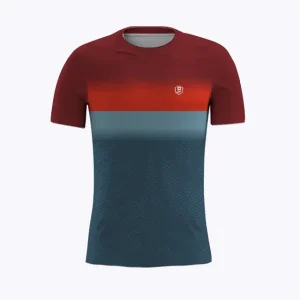 Jersey running atau running jersey custom Genethics 2026 warna merah abu dengan bahan quick-dry breathable untuk lari dan aktivitas outdoor (Tampak Depan).