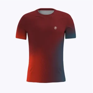 Jersey running atau running jersey custom Genethics 2026 warna gradasi merah biru dengan bahan quick-dry breathable untuk lari dan aktivitas outdoor (Tampak Depan).