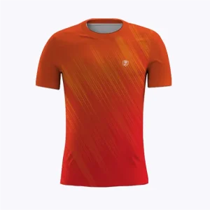 Jersey running atau running jersey custom Genethics 2026 warna jingga merah dengan bahan quick-dry breathable untuk lari dan aktivitas outdoor (Tampak Depan).