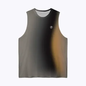 Jersey running custom atau singlet running jersey Genethics 2026 warna gradasi abu cream dengan bahan quick-dry breathable untuk lari dan aktivitas olahraga lainnya (Tampak Depan).