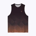 Jersey running custom atau singlet running jersey Genethics 2026 warna gradasi coklat jingga dengan bahan quick-dry breathable untuk lari dan aktivitas olahraga lainnya (Tampak Depan).