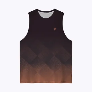 Jersey running custom atau singlet running jersey Genethics 2026 warna gradasi coklat jingga dengan bahan quick-dry breathable untuk lari dan aktivitas olahraga lainnya (Tampak Depan).