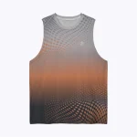 Jersey running custom atau singlet running jersey Genethics 2026 warna gradasi abu jingga dengan bahan quick-dry breathable untuk lari dan aktivitas olahraga lainnya (Tampak Depan).