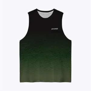 Jersey running custom atau singlet running jersey Genethics 2026 warna gradasi hijau dengan bahan quick-dry breathable untuk lari dan aktivitas olahraga lainnya (Tampak Depan).