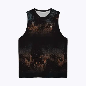 Jersey running custom atau singlet running jersey Genethics 2026 warna hitam coklat abu dengan bahan quick-dry breathable untuk lari dan aktivitas olahraga lainnya (Tampak Depan).