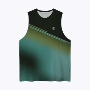 Jersey running custom atau singlet running jersey Genethics 2026 kombinasi warna hijau dengan bahan quick-dry breathable untuk lari dan aktivitas olahraga lainnya (Tampak Depan).