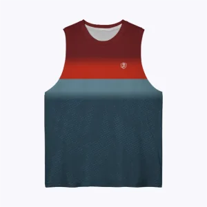 Jersey running custom atau singlet running jersey Genethics 2026 warna merah abu dengan bahan quick-dry breathable untuk lari dan aktivitas olahraga lainnya (Tampak Depan).