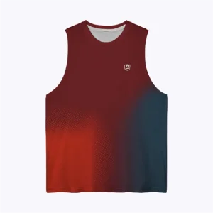 Jersey running custom atau singlet running jersey Genethics 2026 warna gradasi merah biru dengan bahan quick-dry breathable untuk lari dan aktivitas olahraga lainnya (Tampak Depan).