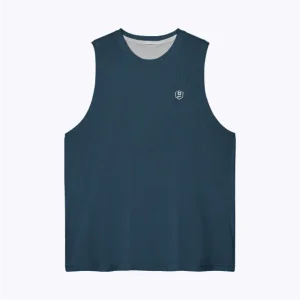 Jersey running custom atau singlet running jersey Genethics 2026 warna navy dengan bahan quick-dry breathable untuk lari dan aktivitas olahraga lainnya (Tampak Depan).