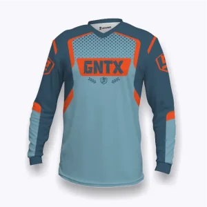 Jersey sepeda custom atau jersey MTB Genethics 2026 warna biru jingga dengan bahan quick-dry breathable untuk bersepeda dan aktivitas olahraga lainnya (Tampak Depan).