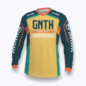 Jersey sepeda custom atau jersey MTB Genethics 2026 warna hijau, kuning, jingga dengan bahan quick-dry breathable untuk bersepeda dan aktivitas olahraga lainnya (Tampak Depan).