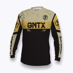 Jersey sepeda custom atau jersey MTB Genethics 2026 warna hitam, kuning, krem dengan bahan quick-dry breathable untuk bersepeda dan aktivitas olahraga lainnya (Tampak Depan).