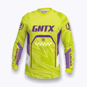 Jersey sepeda custom atau jersey MTB Genethics 2026 warna hijau ungu dengan bahan quick-dry breathable untuk bersepeda dan aktivitas olahraga lainnya (Tampak Depan).