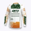 Jersey sepeda custom atau jersey MTB Genethics 2026 warna putih, hijau, jingga dengan bahan quick-dry breathable untuk bersepeda dan aktivitas olahraga lainnya (Tampak Depan).