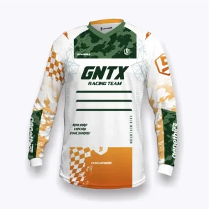 Jersey sepeda custom atau jersey MTB Genethics 2026 warna putih, hijau, jingga dengan bahan quick-dry breathable untuk bersepeda dan aktivitas olahraga lainnya (Tampak Depan).