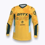 Jersey sepeda custom atau jersey MTB Genethics 2026 warna kuning aksen hijau dengan bahan quick-dry breathable untuk bersepeda dan aktivitas olahraga lainnya (Tampak Depan).