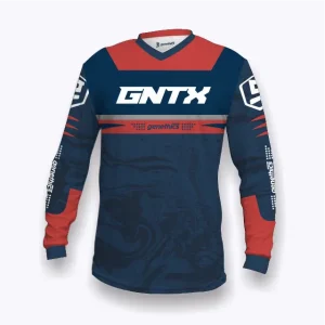 Jersey sepeda custom atau jersey MTB Genethics 2026 warna merah navy dengan bahan quick-dry breathable untuk bersepeda dan aktivitas olahraga lainnya (Tampak Depan).