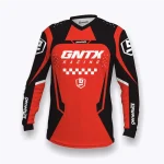 Jersey sepeda custom atau jersey MTB Genethics 2026 warna merah hitam dengan bahan quick-dry breathable untuk bersepeda dan aktivitas olahraga lainnya (Tampak Depan).