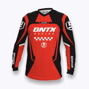Jersey sepeda custom atau jersey MTB Genethics 2026 warna merah hitam dengan bahan quick-dry breathable untuk bersepeda dan aktivitas olahraga lainnya (Tampak Depan).