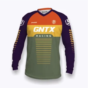 Jersey sepeda custom atau jersey MTB Genethics 2026 warna ungu, jingga, kuning, hijau dengan bahan quick-dry breathable untuk bersepeda dan aktivitas olahraga lainnya (Tampak Depan).