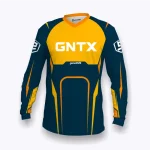 Jersey sepeda custom atau jersey MTB Genethics 2026 warna biru kuning dengan bahan quick-dry breathable untuk bersepeda dan aktivitas olahraga lainnya (Tampak Depan).