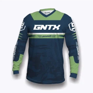 Jersey sepeda custom atau jersey MTB Genethics 2026 kombinasi warna hijau dengan bahan quick-dry breathable untuk bersepeda dan aktivitas olahraga lainnya (Tampak Depan).