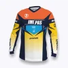Jersey sepeda custom atau jersey MTB racing Genethics 2026 warna kuning, biru, jingga dengan bahan quick-dry breathable untuk bersepeda dan aktivitas olahraga lainnya (Tampak Depan).