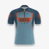 Jersey sepeda custom atau jersey road bike Genethics 2026 warna biru jingga dengan bahan quick-dry breathable untuk bersepeda dan aktivitas olahraga lainnya (Tampak Depan).