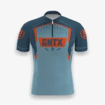 Jersey sepeda custom atau jersey road bike Genethics 2026 warna biru jingga dengan bahan quick-dry breathable untuk bersepeda dan aktivitas olahraga lainnya (Tampak Depan).