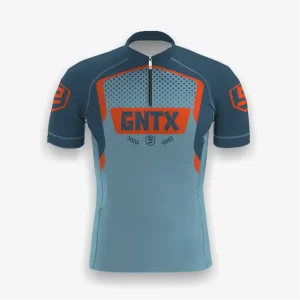 Jersey sepeda custom atau jersey road bike Genethics 2026 warna biru jingga dengan bahan quick-dry breathable untuk bersepeda dan aktivitas olahraga lainnya (Tampak Depan).
