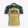 Jersey sepeda custom atau jersey road bike Genethics 2026 warna hijau, kuning, jingga dengan bahan quick-dry breathable untuk bersepeda dan aktivitas olahraga lainnya (Tampak Depan).