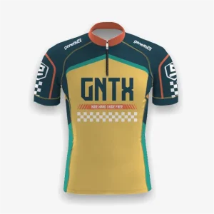 Jersey sepeda custom atau jersey road bike Genethics 2026 warna hijau, kuning, jingga dengan bahan quick-dry breathable untuk bersepeda dan aktivitas olahraga lainnya (Tampak Depan).