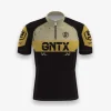 Jersey sepeda custom atau jersey road bike Genethics 2026 warna hitam, kuning, krem dengan bahan quick-dry breathable untuk bersepeda dan aktivitas olahraga lainnya (Tampak Depan).